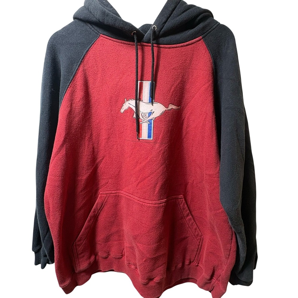 Mixology Ford Mustang Hoodie Mens Large Red Black Raglan Graphic Fleece Pullover